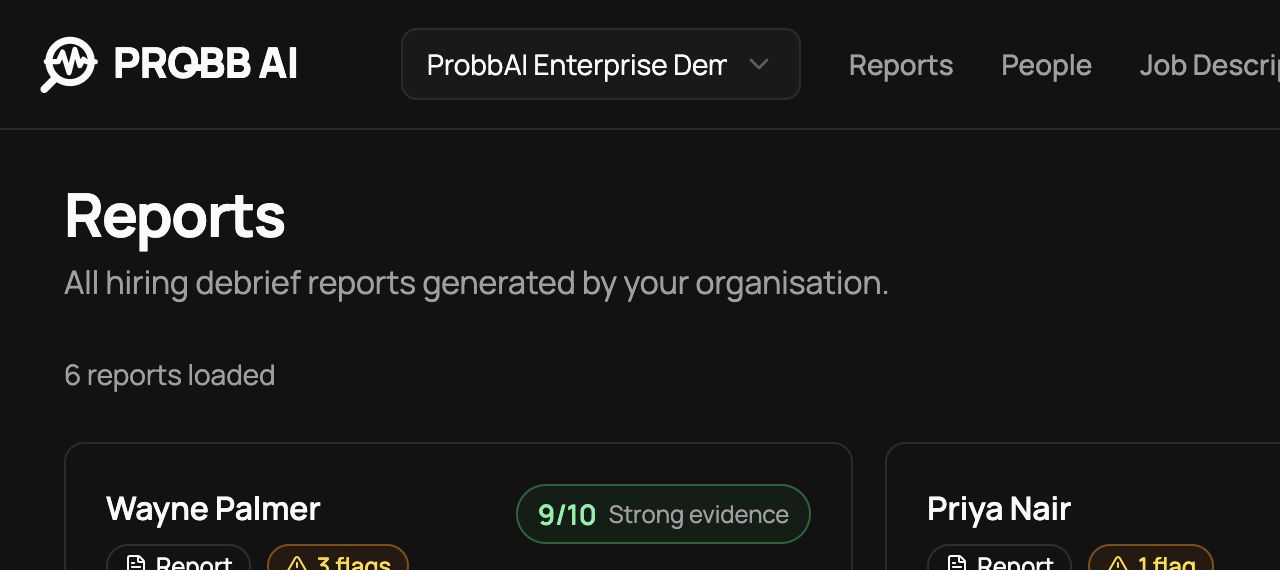 Reports workspace with synthetic candidate reports and interview states